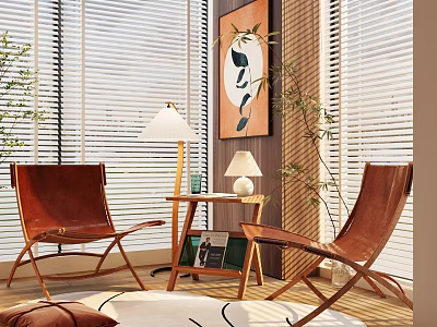 Modern Living Room With Brown Leather Chairs And Wooden Side Table Set 3d model