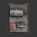 Antique Mechanical Steam Device Featuring Iron Boiler Red Wheel And Brick Base Structure