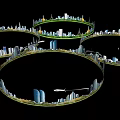 Futuristic City Background Wall With Circular Skyscrapers Water Reflection And Boat