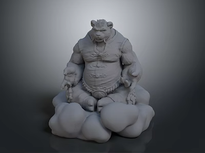 Game Movie Character 3D Model Muscular Bear Creature Sitting in Meditative Stance with Cloud Base 3d model