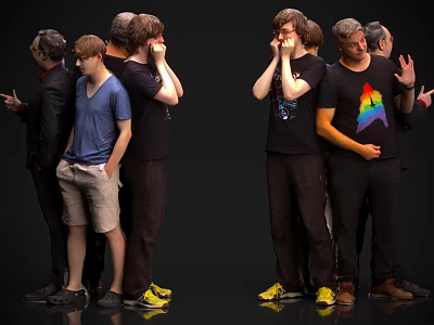 Group of Men Standing Together With Different Poses And Rainbow T Shirts On Black Background 3d model