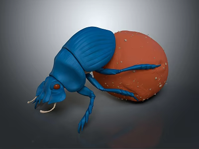 Vibrant Blue Beetle Carrying Orange Ball With Detailed Texture On Gray Background 3d model
