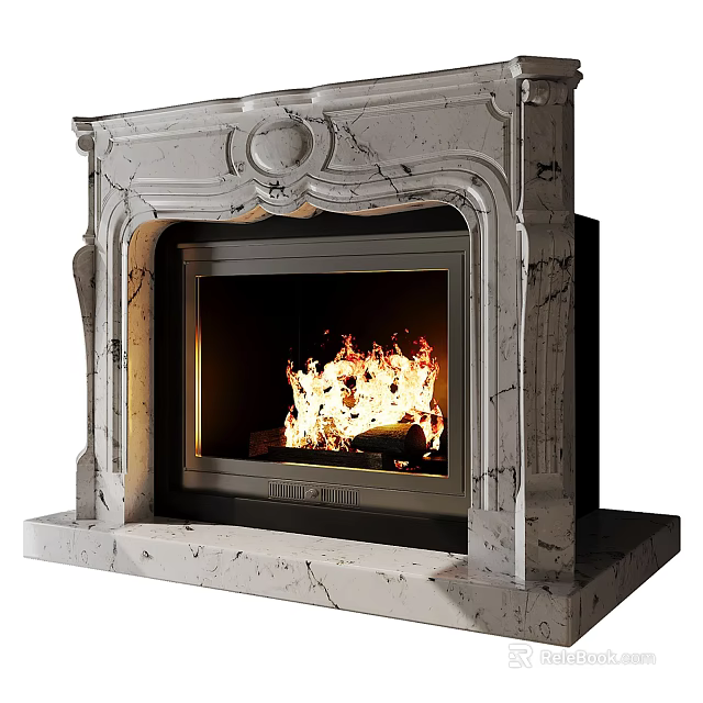 Marble Fireplace with Carved Details and Burning Fire in Interior Design 3d model 