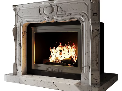 Marble Fireplace with Carved Details and Burning Fire in Interior Design 3d model