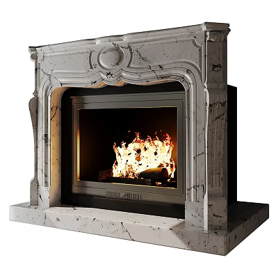 Marble Fireplace with Carved Details and Burning Fire in Interior Design 3d model