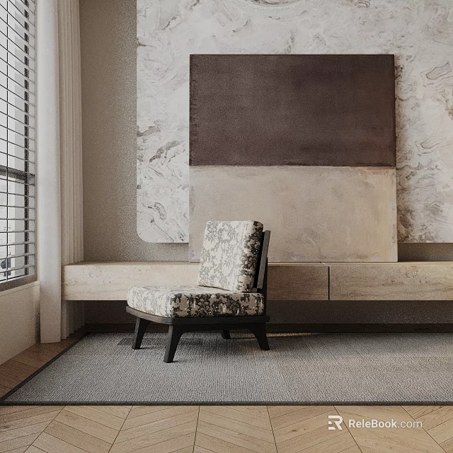 Patterned Fabric Accent Chair With Dark Wooden Legs In Room With Decorative Wall Gray Carpet 3d model 