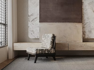 Patterned Fabric Accent Chair With Dark Wooden Legs In Room With Decorative Wall Gray Carpet 3d model