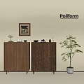 Poliform Modern Walnut Entryway Cabinet And Side Cabinet With Decorative Items And Potted Plant