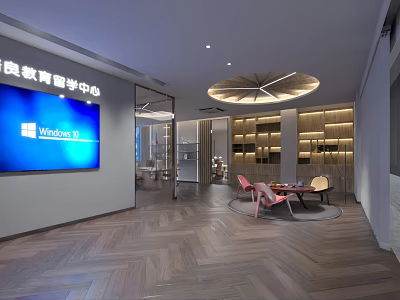 Modern Education Center Lounge Area Interior With Comfortable Chairs Bookshelves And Display Screen 3d model