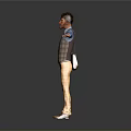 Man with outstretched arms wearing blue shirt plaid vest yellow checkered pants on gray background