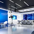 Modern Tech Studio Interior With White Conference Table Black Chairs Blue Screens And Lighting Equipment