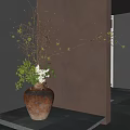 Rustic Terracotta Vase With Branches Green Leaves And White Flowers On Dark Wall