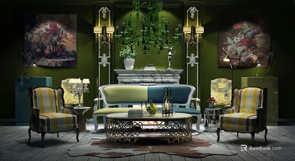 Elegant Sofa And Coffee Table Set With Green Walls Marble Fireplace And Striped Armchairs 3d model 