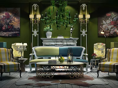 Elegant Sofa And Coffee Table Set With Green Walls Marble Fireplace And Striped Armchairs 3d model