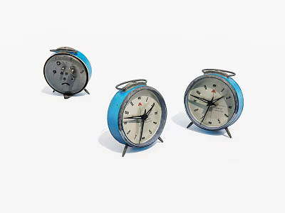 Three Vintage Blue Metal Alarm Clocks With White Dials And Black Hands 3d model