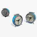 Three Vintage Blue Metal Alarm Clocks With White Dials And Black Hands
