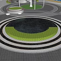 Water Fountain in Public Square with Circular Green Surrounding and Black White Patterned Pavement