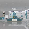 Elegant Modern Exhibition Booth Design Featuring Shoes Display Counters Seating And Posters 3d model