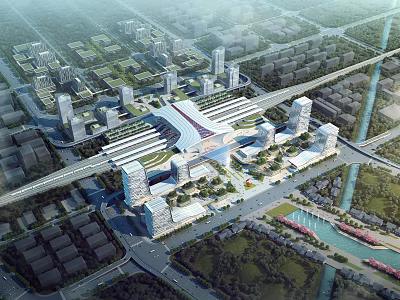 Aerial View of Modern Urban Transportation Hub with High Rise Buildings and River 3d model