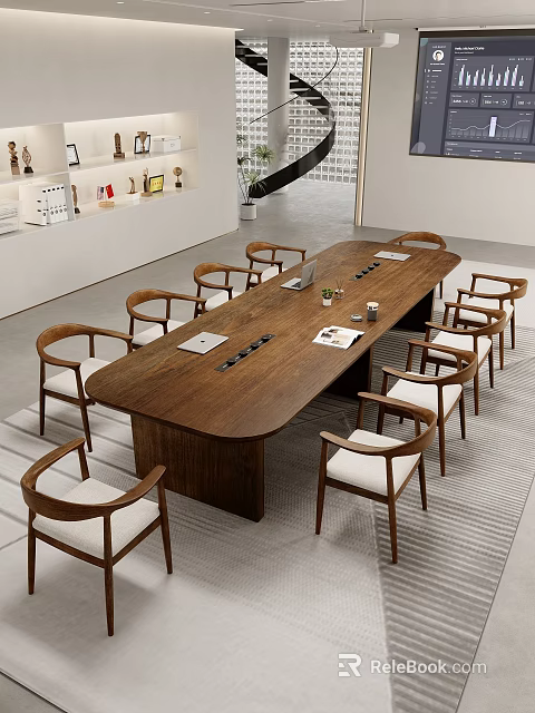 Large Solid Wood Conference Table With Comfortable Matching Chairs For Spacious Modern Office Meeting Room 3d model 