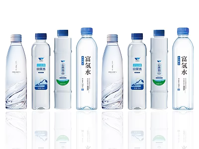Assorted Mineral Water Bottles With Transparent Design Blue Caps And Labels 3d model