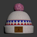 White Knitted Beanie With Pink Pom Pom And Blue Red Geometric Pattern Design
