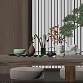 Traditional Tea Set on Wooden Table with Natural Decorations Sliding Door and Cushioned Stools