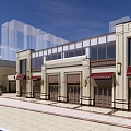 Modern Commercial Street With Pedestrians Shops Glass Storefronts And Decorative Awnings