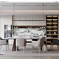 Modern Restaurant Interior With Open Layout Dining Table Chairs And Pendant Lights 3d model