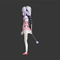 Cute Anime Style Game Movie Character with Purple White Hair Pink White Dress and Horns