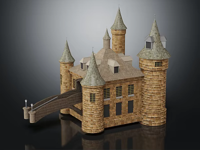 Medieval Castle Architectural Design With Stone Brick Towers Pointed Spires And Connecting Bridge 3d model