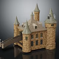 Medieval Castle Architectural Design With Stone Brick Towers Pointed Spires And Connecting Bridge