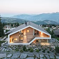 Snowy Hillside Modern Detached Villa Illuminated With Garage And Surrounding Trees