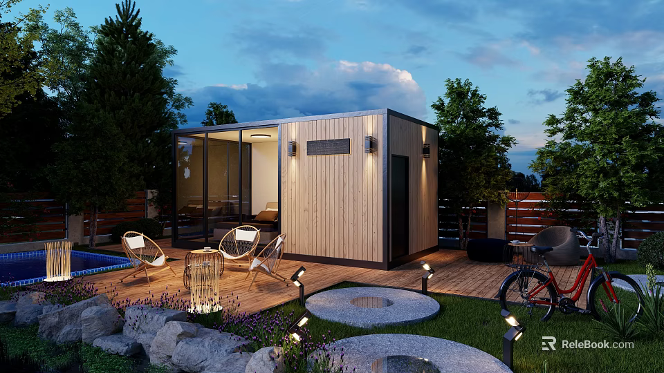 Modern Wooden Guesthouse Building With Glass Windows Outdoor Chairs Patio Lawn And Evening Lighting 3d model 
