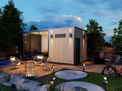 Modern Wooden Guesthouse Building With Glass Windows Outdoor Chairs Patio Lawn And Evening Lighting 3d model