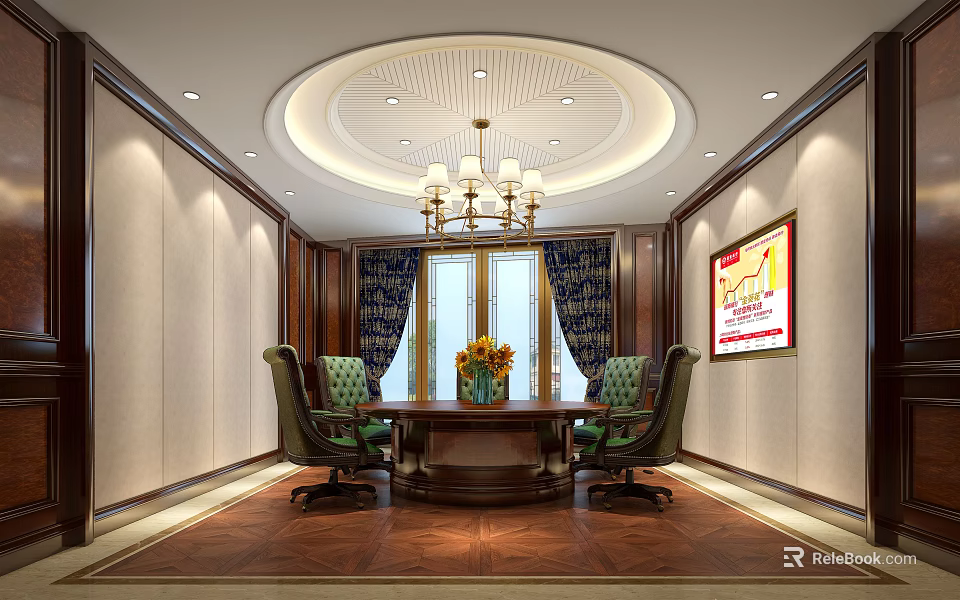 Elegant Meeting Room Interior With Round Table Green Chairs Chandelier And Wall Painting 3d model 