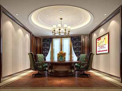 Elegant Meeting Room Interior With Round Table Green Chairs Chandelier And Wall Painting 3d model