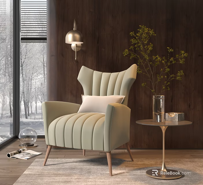 Light Green Striped Single Sofa Interior with Wooden Wall Small Table Green Plant Snow Window 3d model 