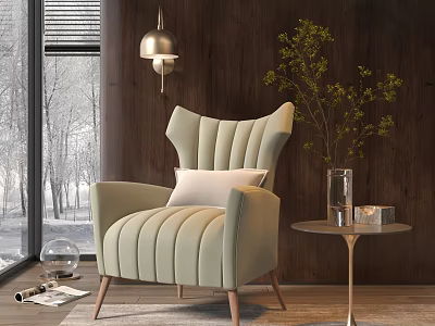 Light Green Striped Single Sofa Interior with Wooden Wall Small Table Green Plant Snow Window 3d model