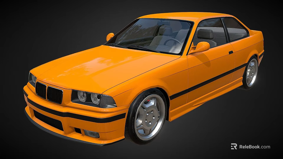 Orange BMW Two Door Sports Car With Black Stripes And Silver Wheels 3d model 