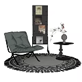 Single Seater Green Sofa with Metal Frame Side Table Vase Bookshelf and Round Rug