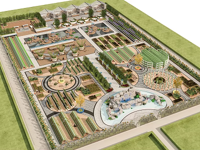 Rural Landscape Design Featuring Greenhouses Plant Beds Circular Paths And Water Feature 3d model