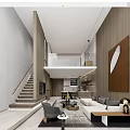 Modern Apartment Interior Design With Living Room Staircase Sofa Coffee Table Decorative Painting And Bookshelf