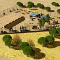 Aerial View of Outdoor Sandy Area With Trees Fence Blue Cylindrical Equipment and People