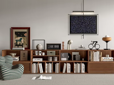 Wooden Bookcase with Books Decorative Items Sofa and Wall Art in Living Room 3d model