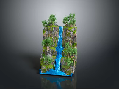 Natural Rock Formation With Flowing Waterfall And Lush Green Vegetation 3d model