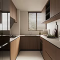 Modern Kitchen Interior With Wooden Cabinets Windows Blinds Countertops And Appliances
