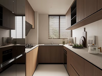 Modern Kitchen Interior With Wooden Cabinets Windows Blinds Countertops And Appliances 3d model