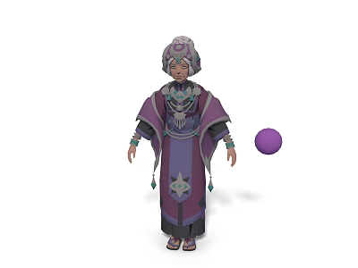Game Fantasy Character in Purple Robe with Decorative Headdress Layered Necklaces and Purple Orb 3d model