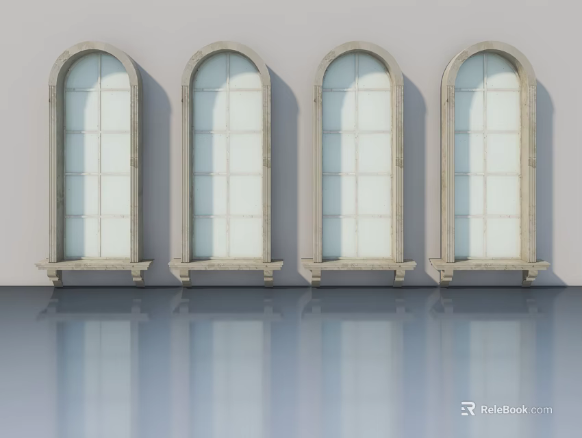 Arched White Pane Casement Doors On Gray Wall With Sills And Reflective Floor 3d model 